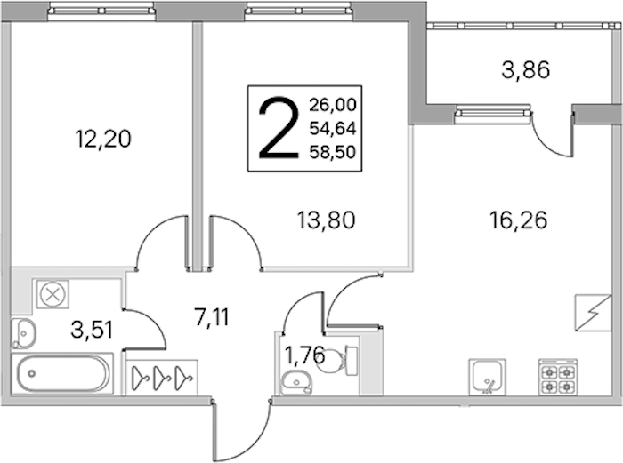 2-комнатная квартира 54.64 м², 1/5 эт., ЖК «ЮгТаун. Олимпийские кварталы»